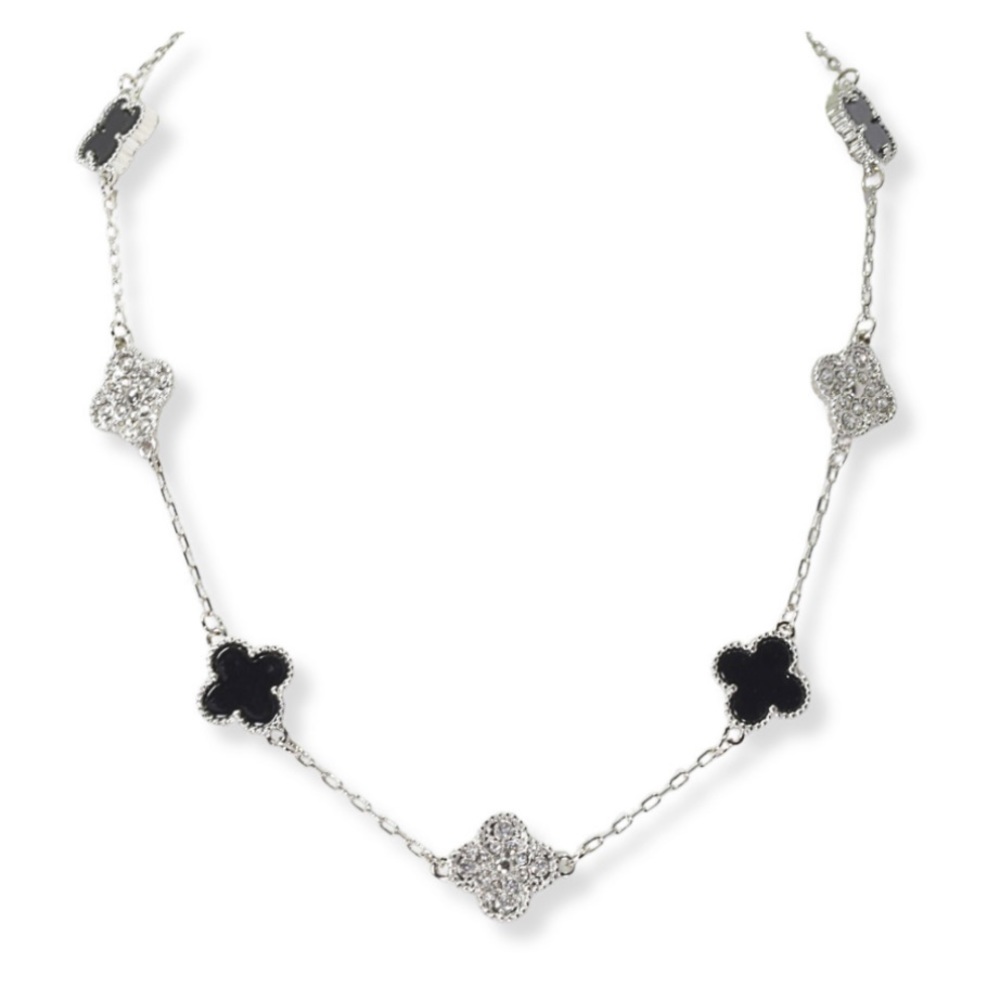 Black/ silver clover necklace; stainless steel